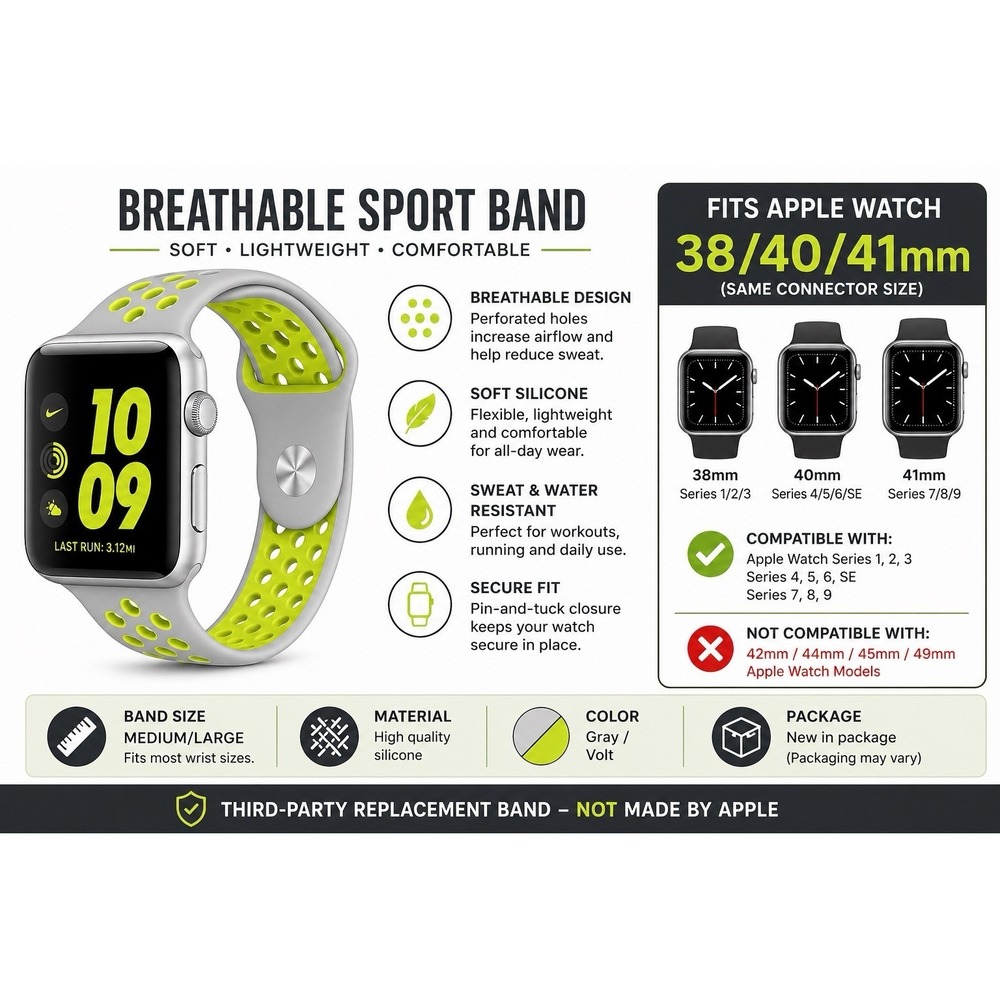 Apple Watch Band 38/40/41mm Breathable Sport Silicone Gray Volt M/L